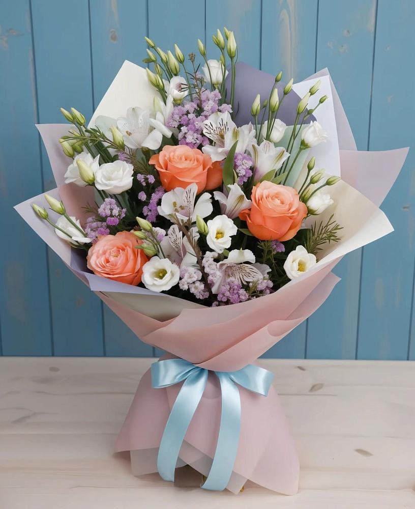 Букет цветов из: Лизиантусы, Розы, Альстромерии и Гипсофила в Краснослободске Республики Мордовия